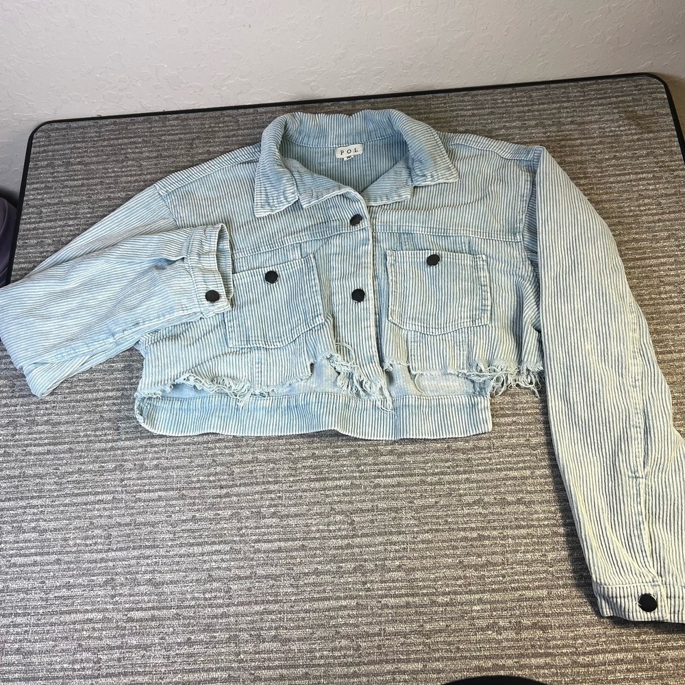 POL Blue Corduroy Jacket Womens M  Raw Hem  Cotton Coat Coastal Acid Wash Bogo